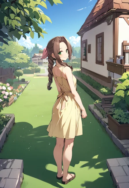 masterpiece, best quality, 1girl, nagase haruhito,  <lora:aerith-xl-nvwls-v1-000006:1> defaerith, braided ponytail, pink hair bow, yellow sundress, from behind, garden, blue sky, grass, trees, house, looking at viewer, smile, standing