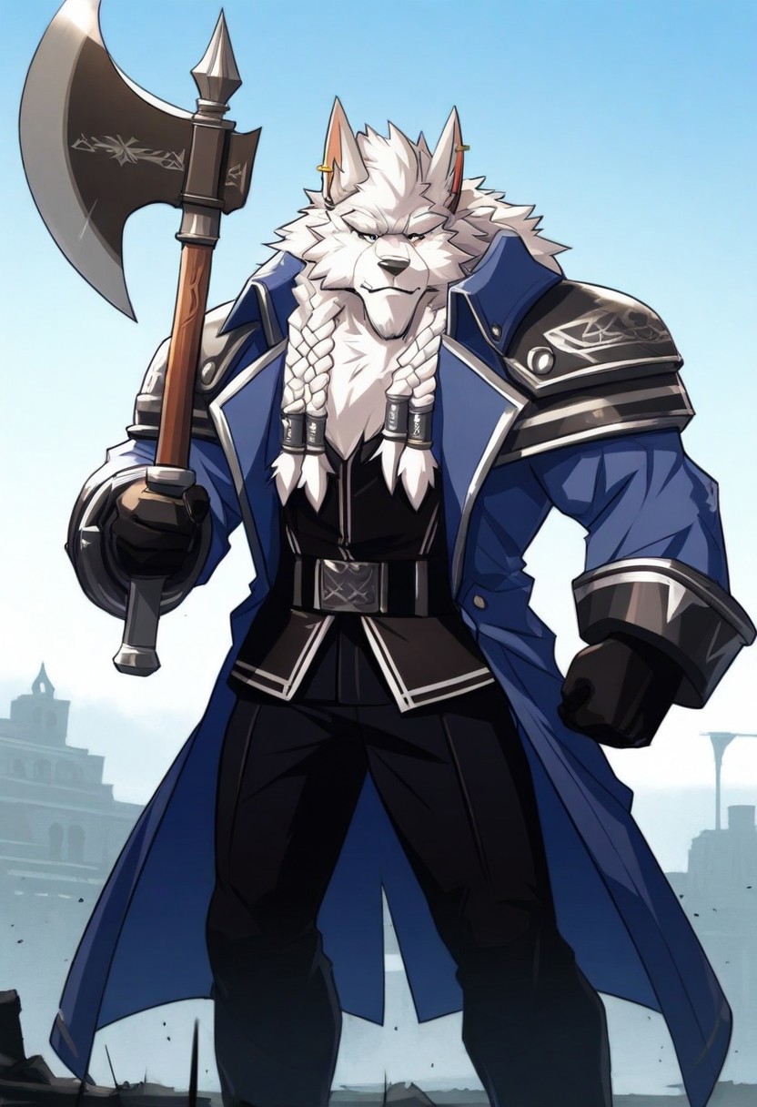 score_9, score_8_up, score_7_up, score_6_up, high res, perfect quality, best quality, ultra quality, extreme detail, very detailed, 8k, dynamic, masterpiece, source_furry, newest, furry, male,anthro, bara, sfw, solo, detailed eyes, proportionate body, easynegative, g3nnw0rgen, handsome face, fluffy fur, fluffy body, mature, bara, (huge thick veins:1.2) bulky muscles, battlefield background, blue coat, black pants, braids, holding weapon, axe, swinging weapon, battle