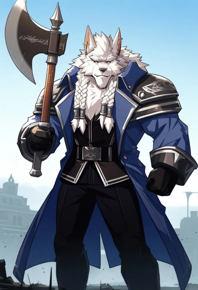 score_9, score_8_up, score_7_up, score_6_up, high res, perfect quality, best quality, ultra quality, extreme detail, very detailed, 8k, dynamic, masterpiece, source_furry, newest, furry, male,anthro, bara, sfw, solo, detailed eyes, proportionate body, easynegative, g3nnw0rgen, handsome face, fluffy fur, fluffy body, mature, bara, (huge thick veins:1.2) bulky muscles, battlefield background, blue coat, black pants, braids, holding weapon, axe, swinging weapon, battle