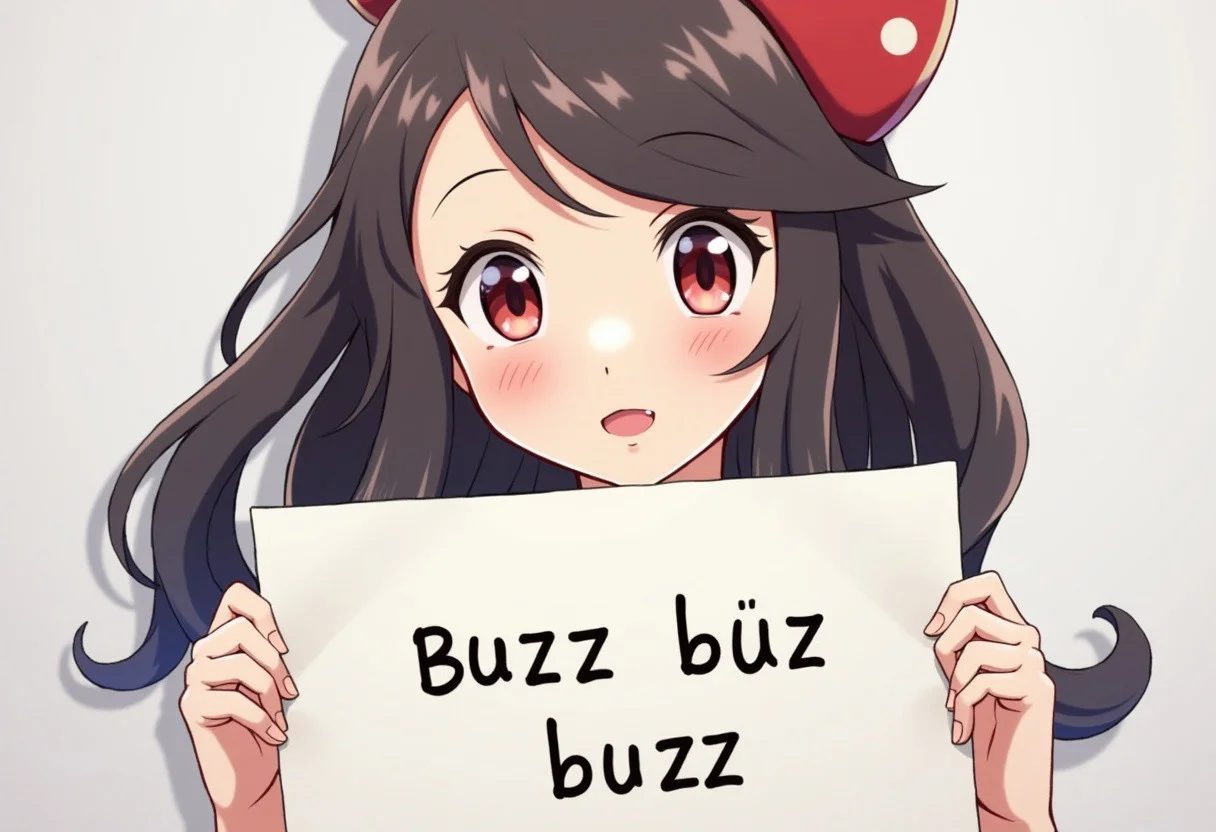 anime girl from pokemon series holding sign it say "buzz buzz buzz" , pokemon style