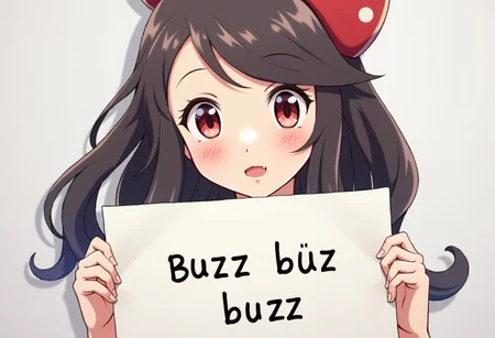 anime girl from pokemon series holding sign it say "buzz buzz buzz" , pokemon style