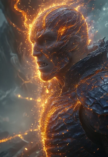Astral Aura, (auralora:1.2), dark fantasy aesthetics, movie poster, centered composition, close-up photography by Geof Kern. portrait, (draconic theme:1.1) (glowing fiery eyes:1.05),  (mouth open:0.65), elemental fiery armored champion, [heavy armor:molten rock:2], covered in molten rock,  flowing lava, cracks, steam, dynamic pose,    obsidian in background,   cinematic cataclysmic atmosphere,. (Detailed face, detailed skin, skin texture, skin pores, (freckles:0.9)). (ethereal wisps and Sparks, dust particles, particle system:1.4). Gritty, raw, emotional, liminal fog, shimmering light. A mesmerizing blend of light and shadows. <lora:Aurastronger_SDXL:1>, astral, colorful aura, vibrant energy