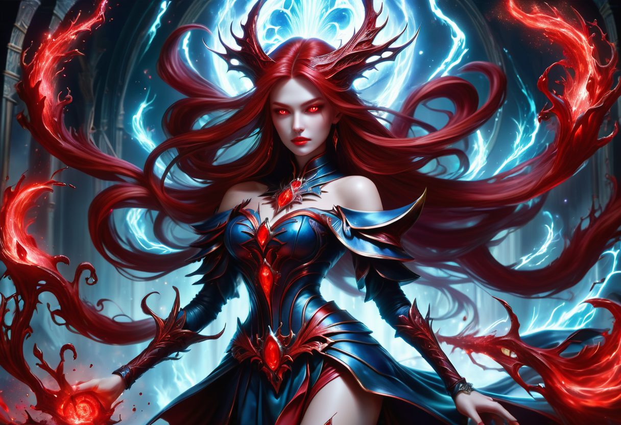 hyper detailed masterpiece, dynamic, awesome quality,  hydro blood DonMM4g1cXL magic, sorceress <lora:DonMM4g1cXL:1>