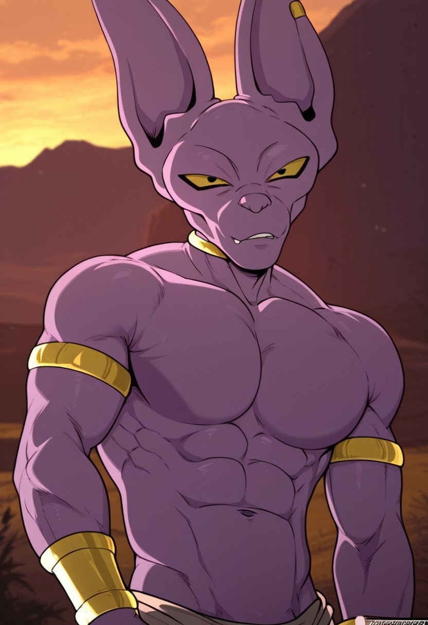 best quality, newest, absurdres, highres, 1boy, solo,Anthro,Beerus,yellow scera,black pupil,purple skin,animal ears,jewelry,Muscular male,outdoors