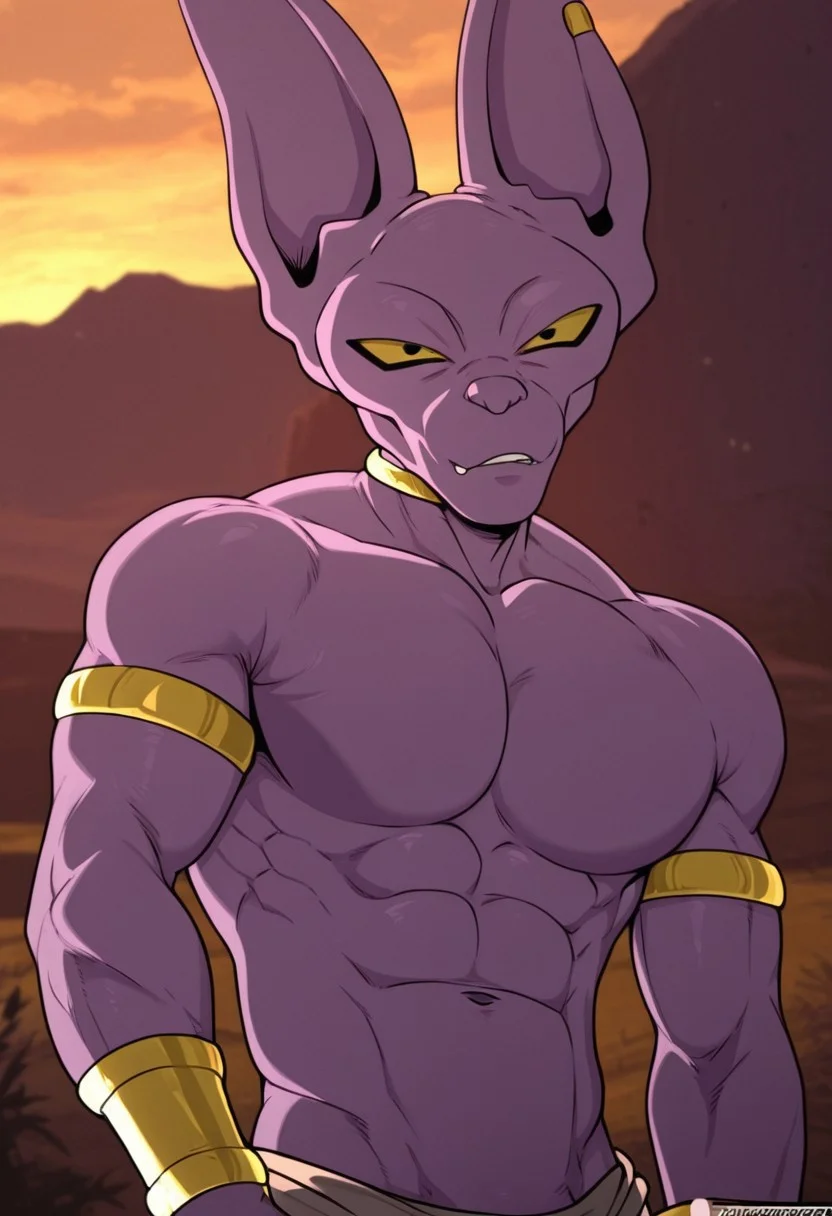 best quality, newest, absurdres, highres, 1boy, solo,Anthro,Beerus,yellow scera,black pupil,purple skin,animal ears,jewelry,Muscular male,outdoors