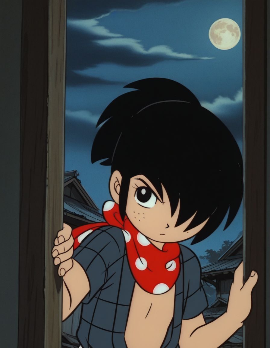 masterpiece, best quality, 1boy, anime screencap, anime coloring, male focus, ninja, barefoot, solo, abandoned japanese bedroom, hair over one eye, full moon, cloudy sky, upper body, peeking out, open clothes, close-up, 
, (night, dark, shadow),
<lora:Saskk10:1>, saskk, black hair, black eyes, freckles, scarf, ponytail, male child, retro artstyle, style parody,