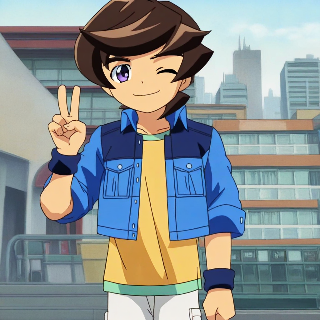score_9, solo, riku_t, 1boy, brown hair, purple eyes, jacket, shirt, pants, wristband, one eye closed, v, looking at viewer, city