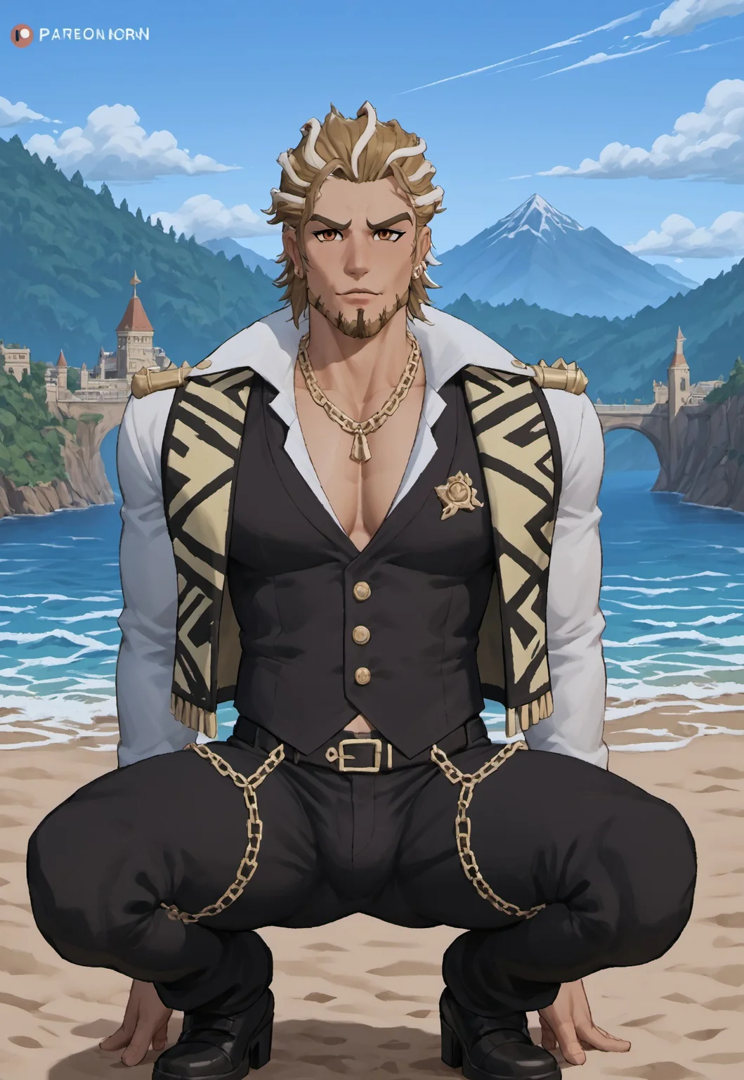 safe_pos, score_9, score_8_up, score_7_up, source_anime, rating_nsfw, ultra hd, absurdres, solo, masterpiece, best quality, best aesthetic, Expressiveh, wolfconf, burankoprn!, 1boy
PalworldMarcus, multicolored hair, facial hair, beard, jewelry, vest, portrait, headshot, looking at viewer, island background, squatting, view from front, pants, chain, island, beach