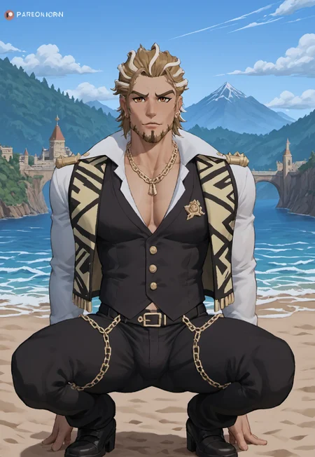 safe_pos, score_9, score_8_up, score_7_up, source_anime, rating_nsfw, ultra hd, absurdres, solo, masterpiece, best quality, best aesthetic, Expressiveh, wolfconf, burankoprn!, 1boy

PalworldMarcus, multicolored hair, facial hair, beard, jewelry, vest, portrait, headshot, looking at viewer, island background, squatting, view from front, pants, chain, island, beach