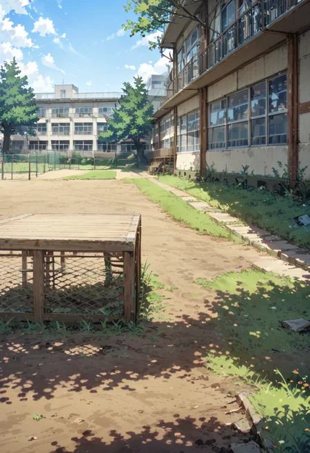 masterpiece, best quality, very aesthetic, absurdres,
koutei, scenery, outdoors, sky, day, blue sky, building, window, grass, fence, tree
 <lora:gakkou_koutei_SDXL_V1:1>