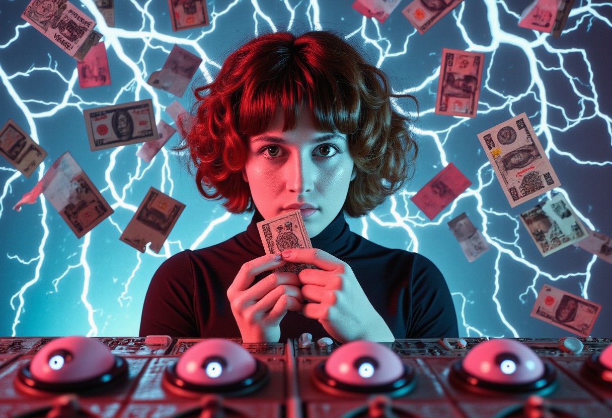 woman face foreward, showered with australian money cash currency falling in front of her face, she has a wild look in her eyes like she has just won a jackpot in a very clean white room science experiment, woman of 18 years old with brunette bangs in anervous system and veins bodysuit, curly hair sitting at a modern slot machine. She has no face and only skin for a face. She is surrounded by multi colored bolts of high intensity electricity and lightning as well as holograms of futuristic cubes projecting around the room with eyeballs inside them