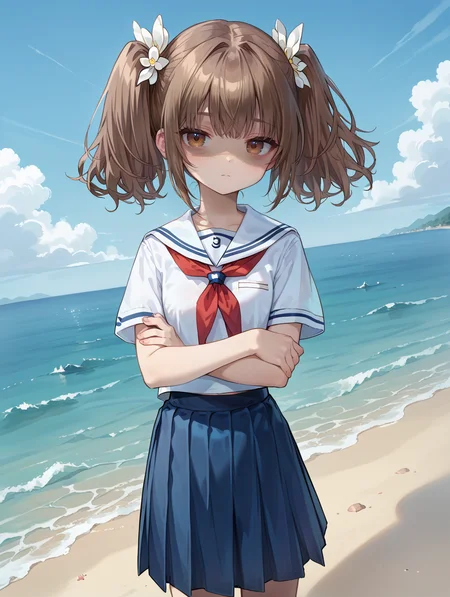 score_9, score_8_up, score_7_up,source_anime,
1girl,(cute:1.1),solo,shiretoko rin,school uniform,serafuku, brown eyes, brown hair,twintails, hair white flower,short sleeves, skirt, blue skirt, pleated skirt,(shaded face:1.2),half-closed eyes,red neckerchief,white sailor collar,white shirt,sea,blue sky,standing,looking at viewer,crossed arms, dutch angle,
<lora:style07:0.7>