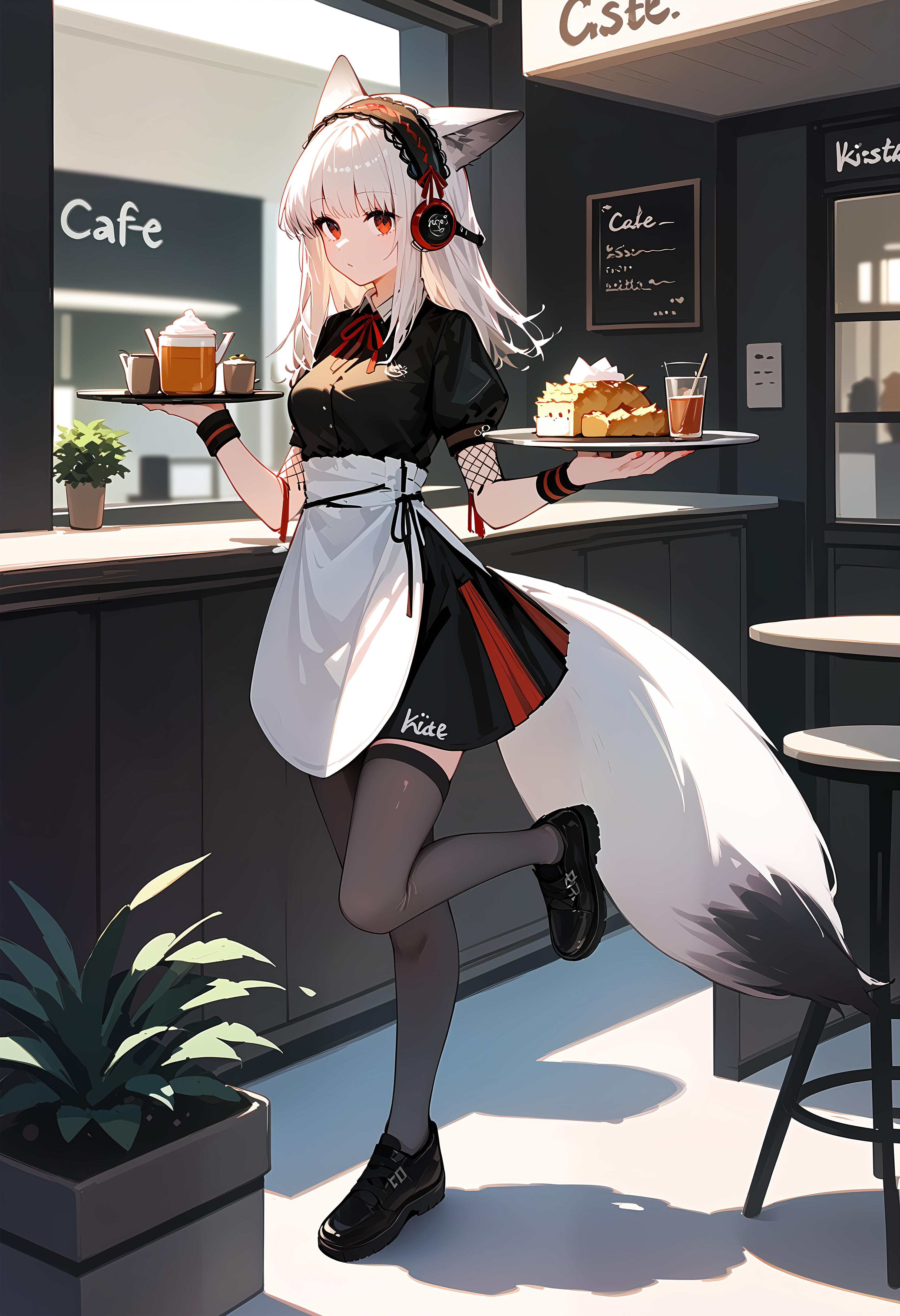 (score_9, score_8_up, score_7_up), 1girl, frostleaf \(ipstar\), headphones, hairband, white apron, wristband, grey thighhighs, fox tail, black shoes, holding tray, one standing on one leg, standing, cafe, <lora:frostleaf-akPO-v1c:0.9>,
