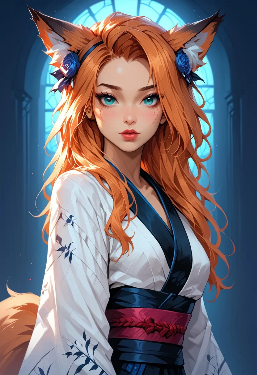 Stable_Yogis_PDXL_Positives, (score_9, score_8_up, score_7_up), <lora:Witchkiri-30:0.9>, <lora:sxz-valorant-smol-v2-pdxl:1>, <lora:detail-tweaker-xl:0.5>, <lora:EnvyPonyPrettyEyes01:0.25>, <lora:sinfully_stylish_SDXL:0.8>, valorant style, ((face focus, eye focus, dynamic angle, motion)), (intricate details, detailed face, detailed eyes, super-detailer-bsy, detailifier, detailed skin, detailed hair, hyper-detailed, ultra-detailed, sexiness enhancer),
BREAK,
(1girl, solo), fantasy, (kiyoko otomo, corruption of champions, fox ears, fox tail, animal ears, fox girl, green nails, orange hair), (kimono), breathless intimacy, tanned skin, petite model bombshell, heart, young, delicate features, narrow pointy nose, tiny nose, lust, big eyes, seductive eyes, blue eyes, detailed skin, flared lashes, mascara, makeup, perky medium breasts, athletic body, narrow waist, skinny hips,
warm light, detailed, neon dark party
BREAK
milky way, runes, arcane, astral, surreal, ethereal glow, masterpiece, best quality, intricate design. colorful, moonlit nightsky, stained glass aesthetic, moody whimsical color palette, murano glass, bold soldering lines, volumetric light shining through, crepuscular rays, intricate craftsmanship, detailed texture, luminous transparency, reflective light play, vivid hues, atmospheric depth, enchanting silhouette, art nouveau,
