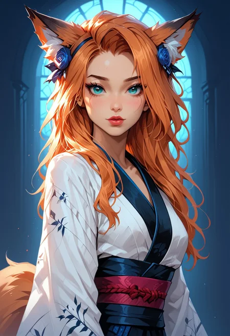 Stable_Yogis_PDXL_Positives, (score_9, score_8_up, score_7_up), <lora:Witchkiri-30:0.9>, <lora:sxz-valorant-smol-v2-pdxl:1>, <lora:detail-tweaker-xl:0.5>, <lora:EnvyPonyPrettyEyes01:0.25>, <lora:sinfully_stylish_SDXL:0.8>, valorant style, ((face focus, eye focus, dynamic angle, motion)), (intricate details, detailed face, detailed eyes, super-detailer-bsy, detailifier, detailed skin, detailed hair, hyper-detailed, ultra-detailed, sexiness enhancer),
BREAK,
(1girl, solo), fantasy, (kiyoko otomo, corruption of champions, fox ears, fox tail, animal ears, fox girl, green nails, orange hair), (kimono), breathless intimacy, tanned skin, petite model bombshell, heart, young, delicate features, narrow pointy nose, tiny nose, lust, big eyes, seductive eyes, blue eyes, detailed skin, flared lashes, mascara, makeup, perky medium breasts, athletic body, narrow waist, skinny hips,
warm light, detailed, neon dark party
 BREAK
milky way, runes, arcane, astral, surreal, ethereal glow, masterpiece, best quality, intricate design. colorful, moonlit nightsky, stained glass aesthetic, moody whimsical color palette, murano glass, bold soldering lines, volumetric light shining through, crepuscular rays, intricate craftsmanship, detailed texture, luminous transparency, reflective light play, vivid hues, atmospheric depth, enchanting silhouette, art nouveau,