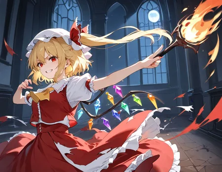 score_9, score_8_up, score_7_up, BREAK
source_anime, best quality, masterpiece, rating_safe <lora:sdxl_lightning_8step_lora:1> BREAK
1girl, BREAK
<lora:flan_nrm_v2_pony:1>flanN, flandre scarlet, (blonde hair:1.2), side ponytail, red eyes, red hair bow,hair between eyes, slit pupils, white headwear,
white puffy sleeves,white sleeves, short sleeves, red vest, yellow ascot, red skirt, frilled skirt, frills,burnt clothing, torn clothing, holding weapon, holding fire sword,
looking at viewer, looking up, evil grin, fighting pose, fighting stance,fight, standing, motion blur, inside, depth of field, corridor, victorian, side view, upper body,
wind,magic circle, magic effect,fire, fire effect,air manipulation, fire manipulation, broken wall, broken floor, broken window, debris, night sky, night, moon, moonlight,