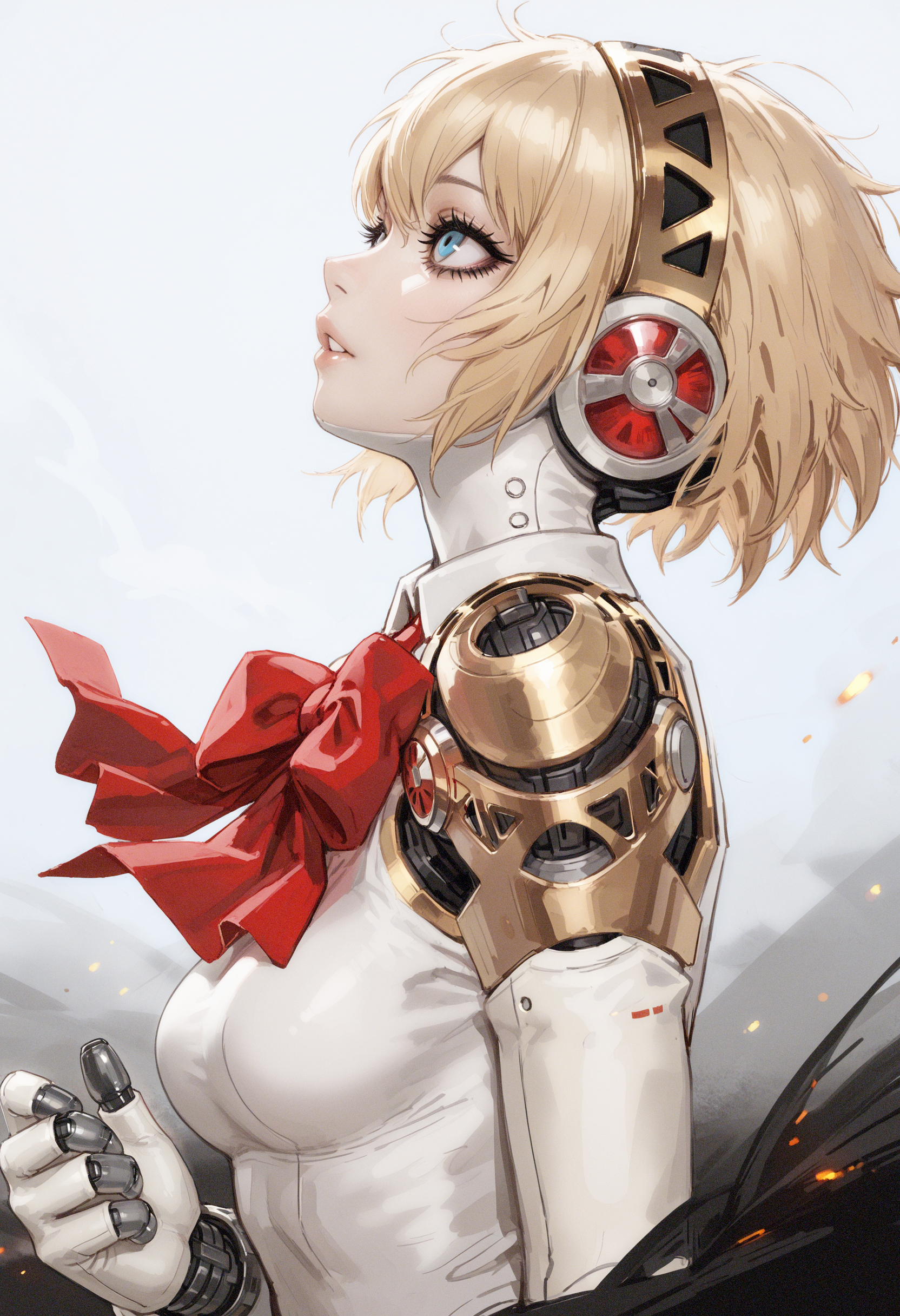 masterpiece, best quality, good quality, very awa, very aesthetic, absurdres, newest, aegis \(persona\), 1girl, solo,short hair, bow, ribbon, medium breasts, hairband, parted lips, bowtie, headphones, looking up, android, joints, mechanical arms, robot joints, mechanical parts,Head held high,black eyelashes, thick eyelashes,
embers, wind,
upper body, from side, profile, (asami-chan:1.2), solipsist, :1.25),realistic,
tfaix <lora:illustriousXL_stabilizer_v1.23:0.3> <lora:NOOB_vp1_detailer_by_volnovik_v1:0.3> <lora:ponyv6_noobE11_2_adamW-000017:0.3> <lora:solipsist:0.4> <lora:ndsoda:0.7> <lora:tenebriflora-wai:0.6>