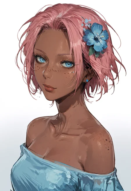 score_9, score_8_up, score_7_up, score_6_up, score_5_up, score_4_up,
<lora:ValoraV2:1> v4l0r4,
, 1girl, solo, looking at viewer, short hair, blue eyes, hair ornament, bare shoulders, pink hair, flower, artist name, dark skin, hair flower, dark-skinned female, lips, gradient background, portrait, blue flower, freckles