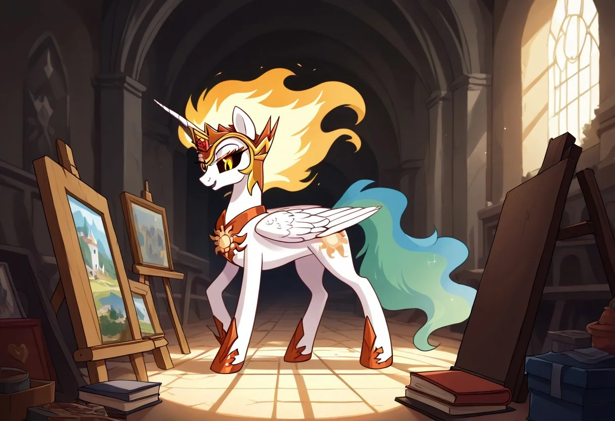 score_9, score_8_up, score_7_up, score_6_up, score_5_up, score_4_up, The dark side of Celestia, Daybreaker, alicorn pony, g5, rich colors, crystal castle, Crystal Empire, crystal heart in the center of the square, presents a painting of rabbits and pony, aroused, front view, detailed background, pony, solo, detailed, 8k quality, side view, beautiful, teasing, easel and brushes, leaned to the floor, free actions,