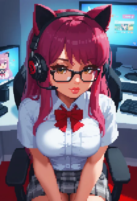 ( glasses, perky breasts, lips, long hair, erotic, thin:1.2), A cute streamer girl, long flowing magenta hair, sitting in her gaming chair,((streamer)), brown eyes, long eyelashes, kawaii school uniform,cat ears, her face lit by computer screen, dim lighting, ((gaming setup, gaming chair, gaming monitor)), streaming setup, 20 years old, curvy, focus on face, face near viewer, ((headphones)), (having cowgirl sex with her boyfriend), (from above). Highly detailed beautiful expressive eyes. 35mm photograph, film, bokeh, professional, 4k, highly detailed dynamic lighting, photorealistic, 8k, raw, rich, intricate details.