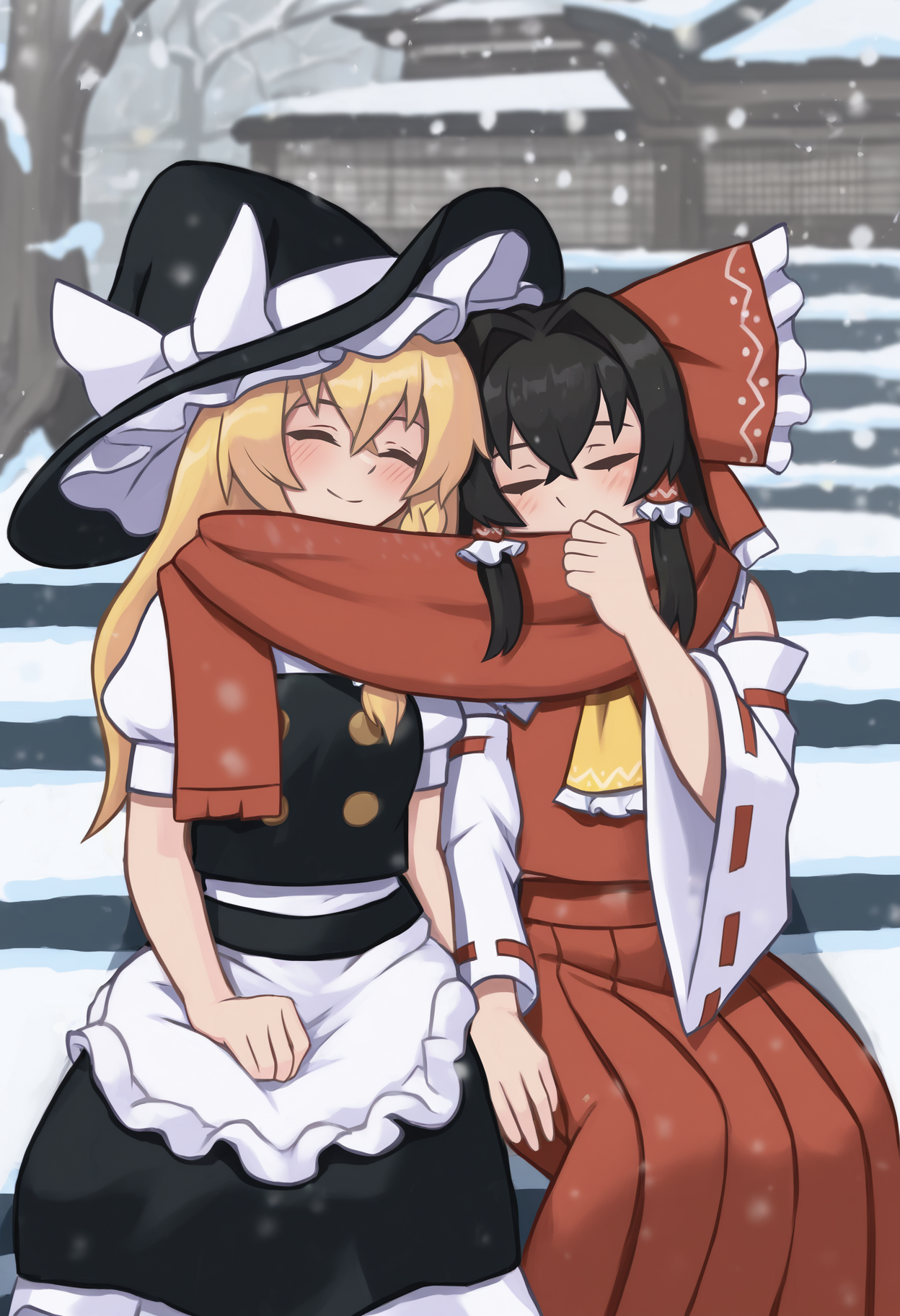 hakurei reimu, kirisame marisa, 2girls, ascot, black hair, black vest, blonde hair, blush, bow, braid, building, crossed bangs, cuddling, detached sleeves, frilled bow, frilled hair tubes, frilled hat, frilled shirt, frills, hair bow, hair intakes, hair tubes, hakama, hand on lap, hand to own mouth, hat, hat bow, japanese clothes, long hair, multiple girls, outdoors, pleated skirt, puffy sleeves, red hakama, red scarf, red skirt, ribbon-trimmed sleeves, ribbon trim, scarf, shared clothes, shared scarf, shirt, single braid, sitting, sitting on stairs, skirt, smile, snow, snowing, stairs, tree, vest, white bow, white shirt, white skirt, white sleeves, wide sleeves, witch hat, yellow ascot,
, masterpiece, best quality, good quality,
<lora:duhota_noob_vpred-1.0_edm2_v1:1>