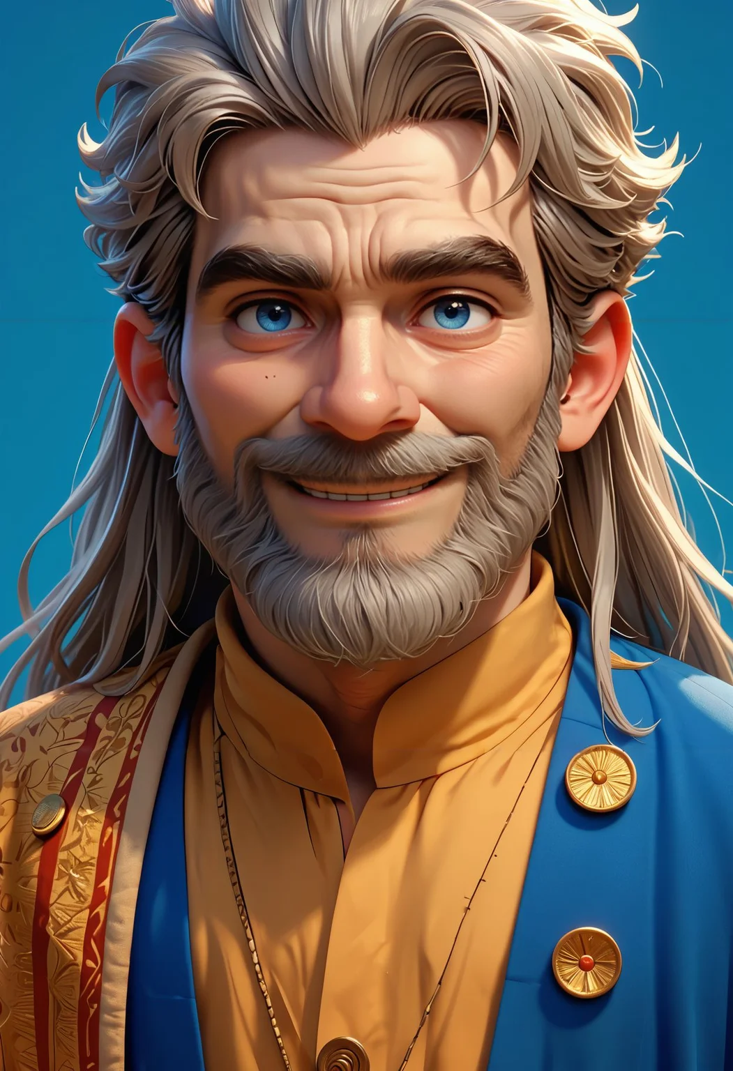 score_9,score_8_up,score_7_up, <lora:3d_render_pdxl_goofy:1>3d render, 1boy, male focus, facial hair, beard, blue eyes, thick eyebrows, smile, grey hair, long hair, looking at viewer, coin, upper body, blue background,old man