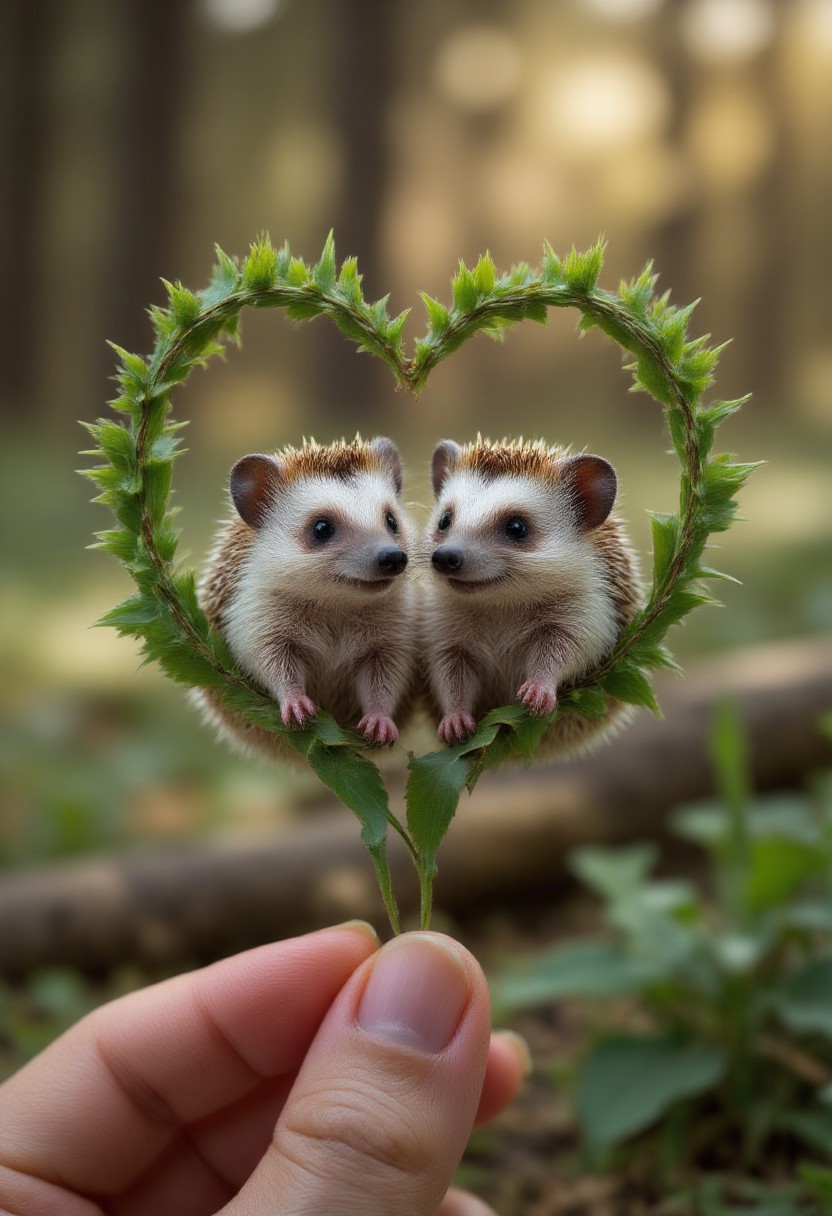 smolcute, tiny, a heart-shaped heart made of leaves there are two hedgehogs in the forest close to each other, professional photo, blurry soft background