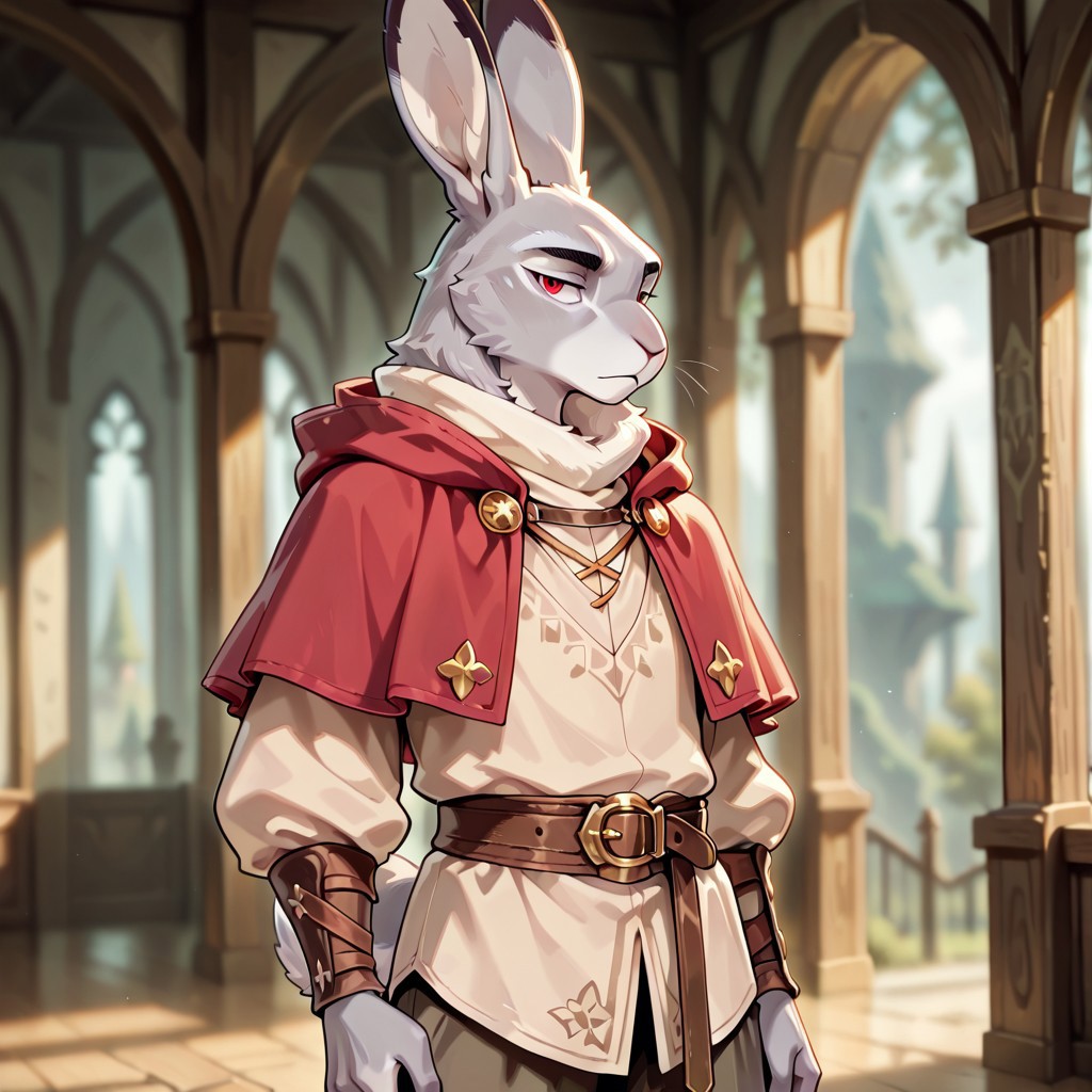 masterpiece, best quality, amazing quality, very aesthetic, solo, 
harengon, furry hare, tail,
1 boy, male focus, red eyes, gray skin, red capelet, beige shirt,
looking at the viewer,
fantasy background, blurred background,