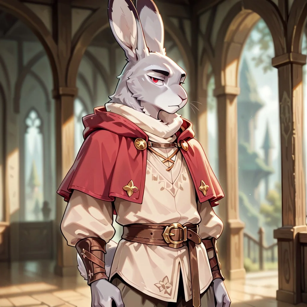 masterpiece, best quality, amazing quality, very aesthetic, solo, 
harengon, furry hare, tail,
1 boy, male focus, red eyes, gray skin, red capelet, beige shirt,
looking at the viewer,
fantasy background, blurred background,