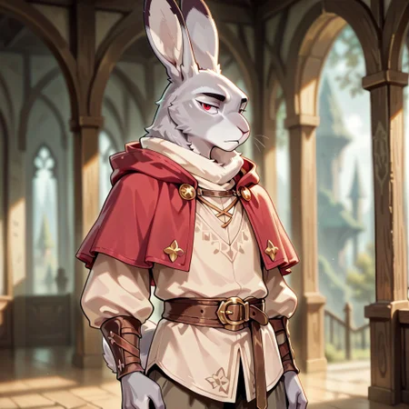 masterpiece, best quality, amazing quality, very aesthetic, solo,
harengon, furry hare, tail,
1 boy, male focus, red eyes, gray skin, red capelet, beige shirt,
looking at the viewer,
fantasy background, blurred background,