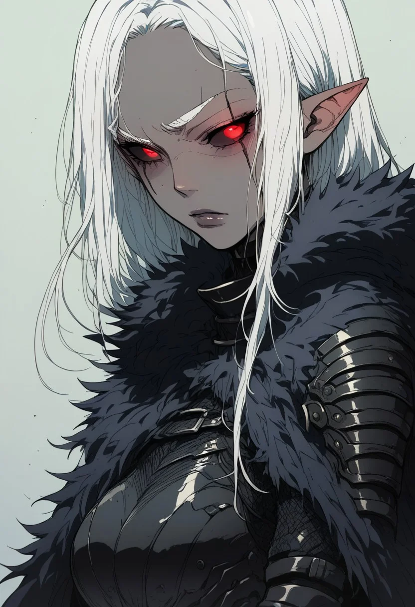 (score_9, score_8_up, score_7_up), source_anime, anime, female, elf, gray skin tone, white hair, red eyes, black sclera, refined, adult, straight, styled hair, calm expression, eye scar, armor, fur cape, waist-high