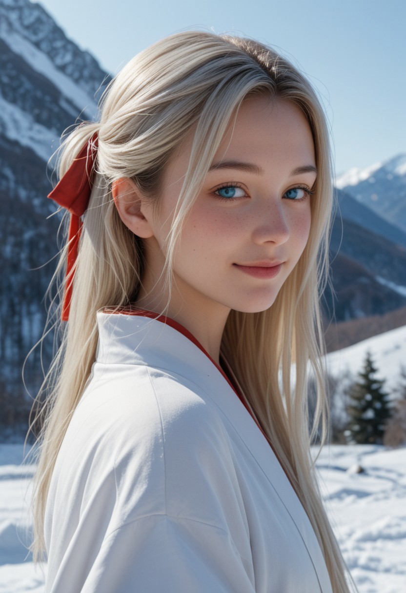 score_9_up, score_8_up, score_7_up, score_6_up, 1girl, solo, 25 years old, perfect face, (adult), sexy, 
detailed face, blush, shy smile, portrait, face focus, depth of field, looking at viewer, close up,
blue eyes,
white hair, long hair, hair ribbon, red ribbon, 
japanese clothes, white kimono, red ornament, 
winter, snow, mountains, scenery,