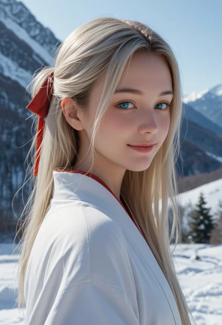 score_9_up, score_8_up, score_7_up, score_6_up, 1girl, solo, 25 years old, perfect face, (adult), sexy,
detailed face, blush, shy smile, portrait, face focus, depth of field, looking at viewer, close up,
blue eyes,
white hair, long hair, hair ribbon, red ribbon,
japanese clothes, white kimono, red ornament,
winter, snow, mountains, scenery,