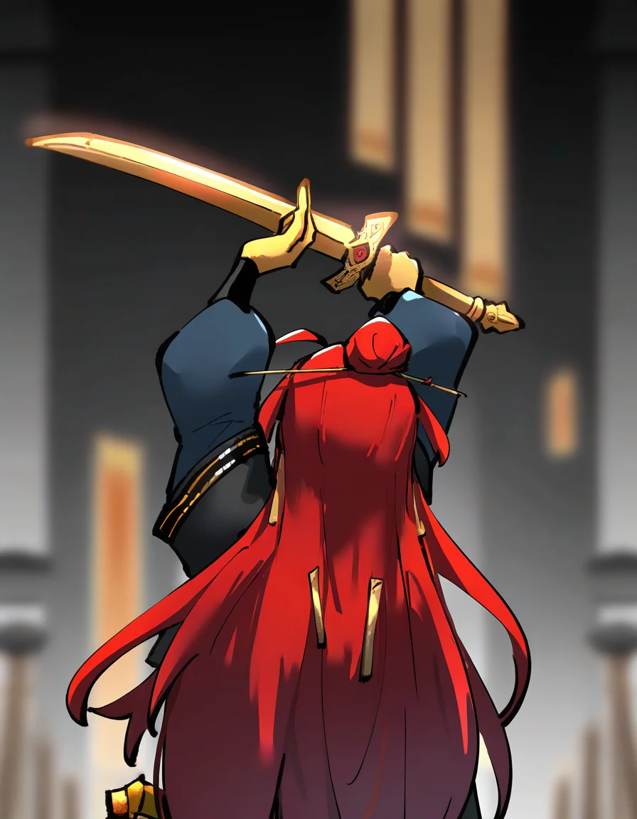 <lora:chuyi_noob:1>,xytx-chuyi, anotherstyle3, anotherstyle2, 1girl, long hair, red hair, holding, weapon, holding weapon, hair bun, jewelry, sword,
masterpiece,best quality,very aesthetic,absurdres,