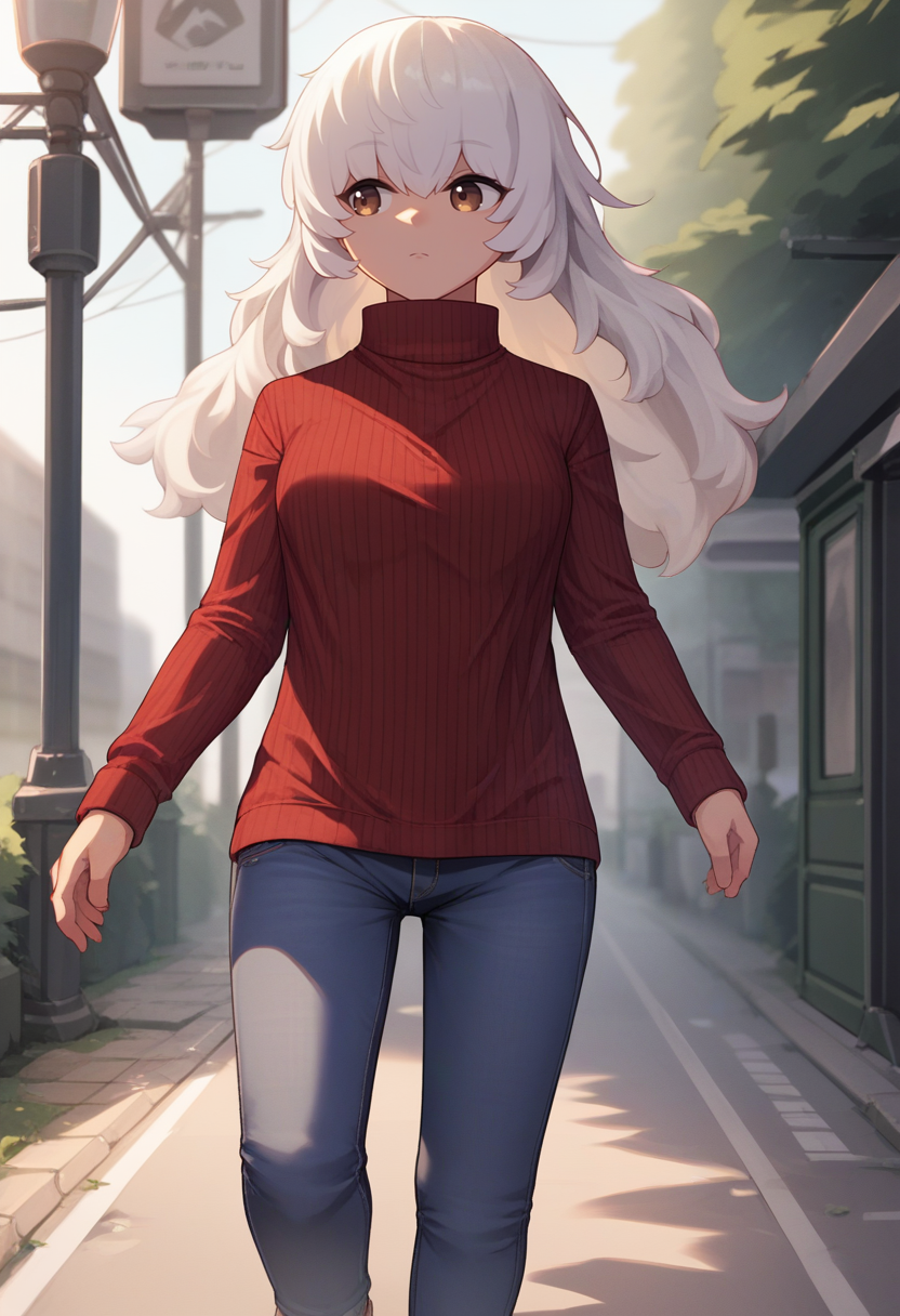 score_9, score_8_up, score_7_up, source_anime, BREAK 1girl, solo, <lora:snowwhite-nikke-richy-v1_pdxl:0.8> swdef, white hair, long hair, brown eyes, walking, outdoors, jeans, turtleneck sweater, red sweater, ribbed sweater