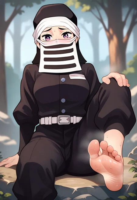 score_9, score_8_up, score_7_up, source_anime, masterpiece, 1girl, ctiankakushi, purple eyes, medium breasts, black headwear, mouth mask, black uniform, white belt, black pants, knee up, sitting, rock, feet, foot focus, soles, tabi, zouri, sweat, smell, blush, looking at viewer, outdoors, forest, depth of field, sunny, daytime, <lora:Kakushi_Pony_ct:0.8>
