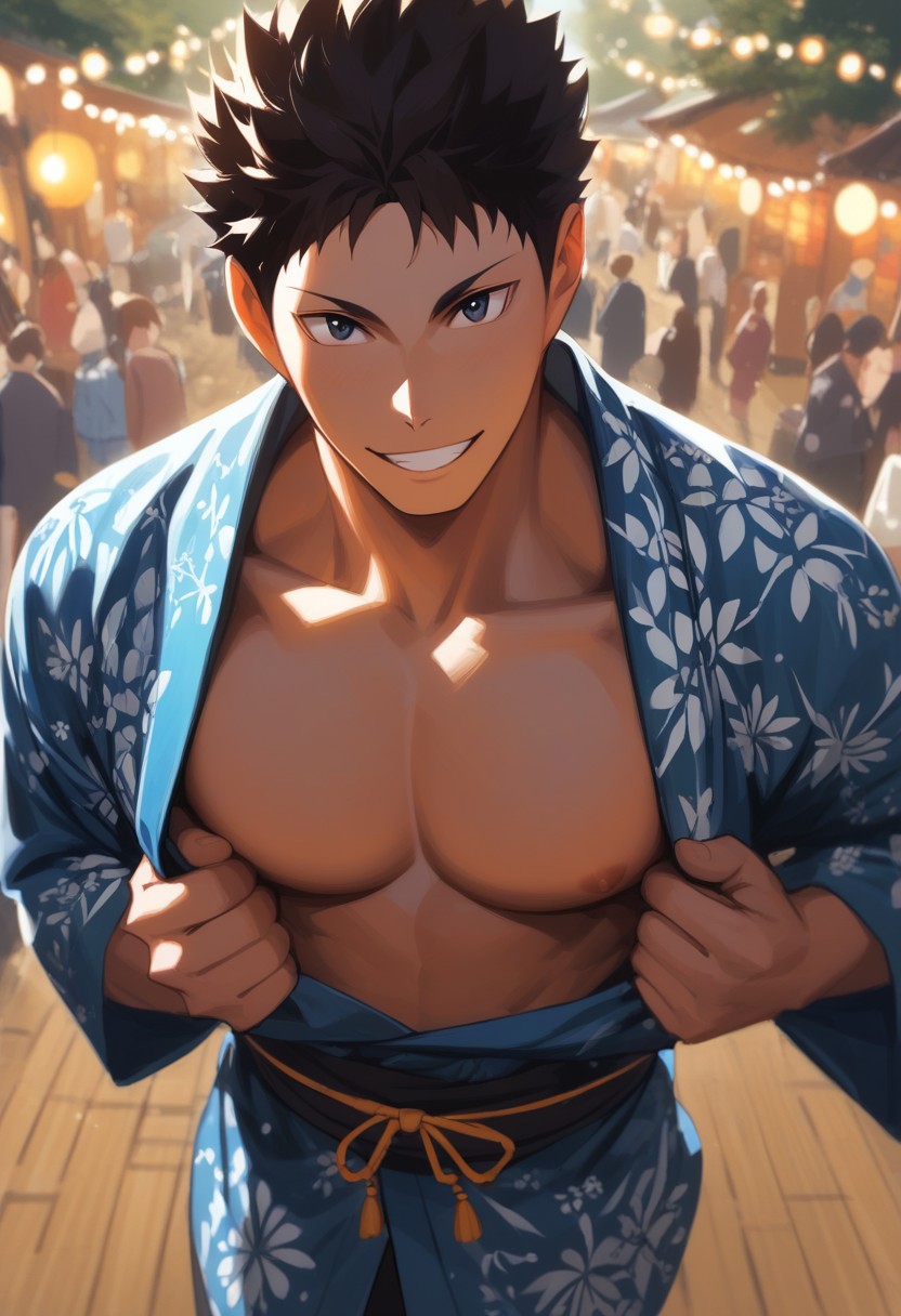score_9, score_8_up, score_7_up, source_anime, rating_explicit, pecs, Iwaikyu, 1boy, male focus, dark-blue yukata, smiling, looking at viewer, blurry outdoor lantern festival, food stalls, hands with five fingers, warm bokeh, from above,