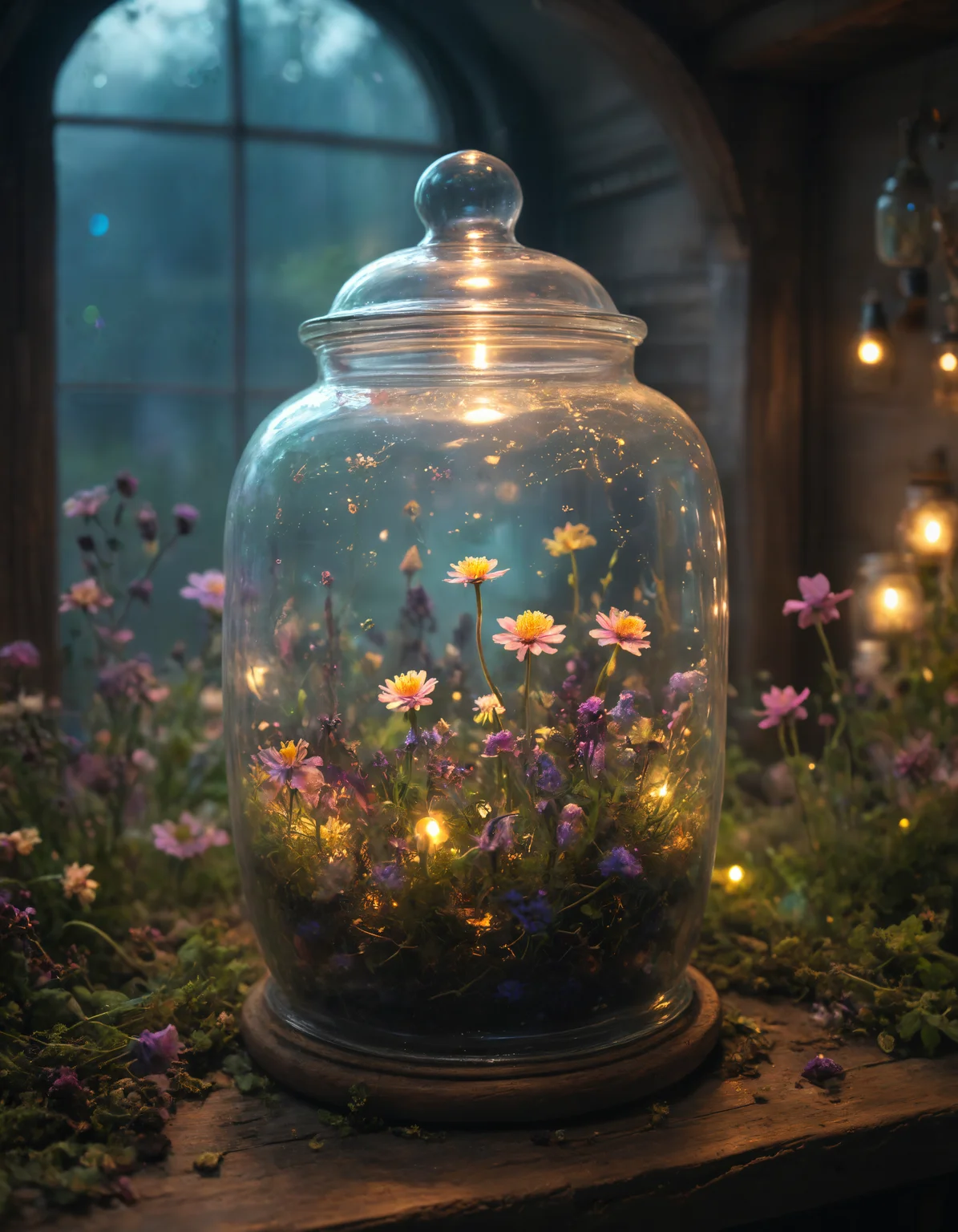 Glowing flower field inside Apothecary Jar,Bokeh,Grim,Neon Light,intricate,elegant,in a witch's hut,books,cauldron,window,herbs,cutecore,<lora:xl_more_art-full_v1>,<lora:Fairy_Style_SDXL:0.2>