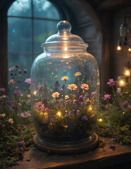 Glowing flower field inside Apothecary Jar,Bokeh,Grim,Neon Light,intricate,elegant,in a witch's hut,books,cauldron,window,herbs,cutecore,<lora:xl_more_art-full_v1>,<lora:Fairy_Style_SDXL:0.2>