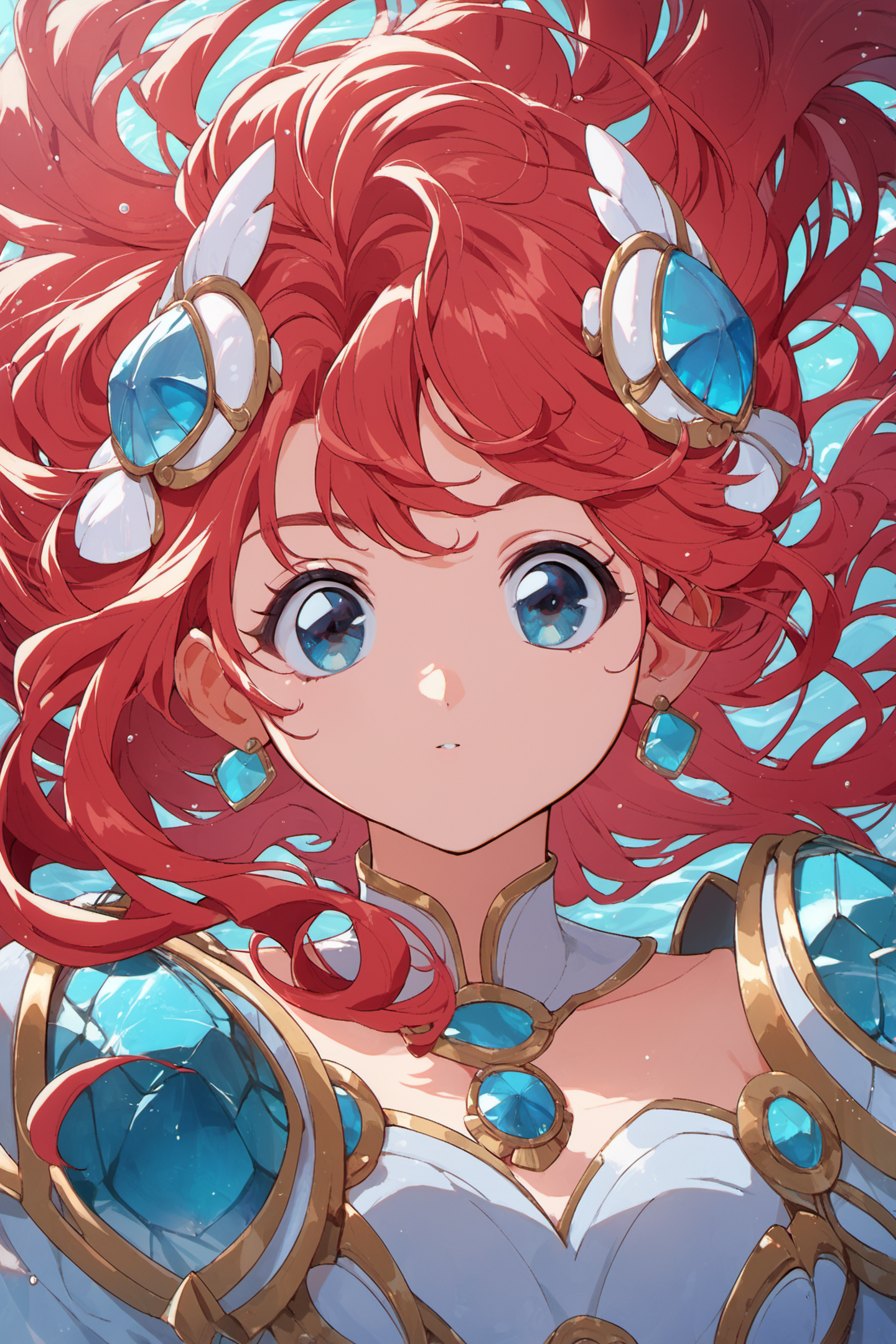1girl,solo,red hair,long hair,blue eyes,looking at viewer,gem,jewelry,upper body,floating hair,bangs,water,shell,hair ornament,dress,score_9,score_8_up,score_7_up,<lora:hrn_yc_XL_PONY:0.9>,