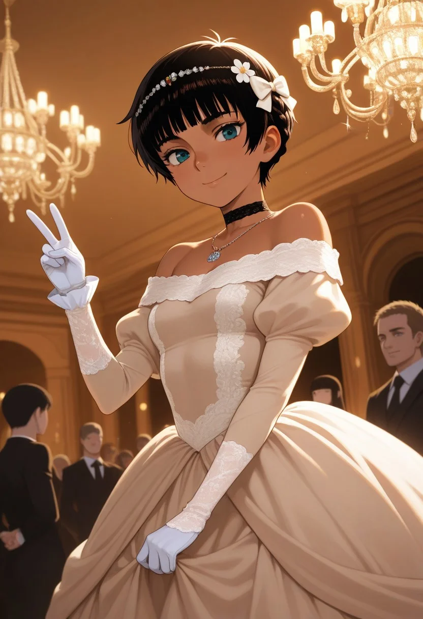 masterpiece, best quality, amazing quality,
1girl,,casca_(berserk), dark-skinned female, pixie cut,(blunt bangs:2),black choker, (princess braid:1.4),Sepia colour dress, juliet sleeves, necklace,flower hair bow,(hair ornament:1.2),
Head Chain, ballgown, exposed shoulders, ruffled sleeves,
white glove,
,v, smile,
dance_hall,chandelier,at night,Dressed ladies and gentlemen background