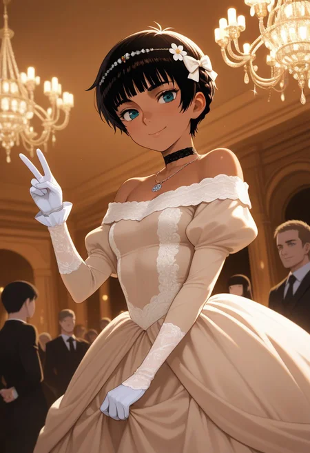 masterpiece, best quality, amazing quality,
 1girl,,casca_(berserk), dark-skinned female,   pixie cut,(blunt bangs:2),black choker, (princess braid:1.4),Sepia colour dress, juliet sleeves, necklace,flower hair bow,(hair ornament:1.2),
Head Chain,  ballgown, exposed shoulders, ruffled sleeves,
white glove,
,v,  smile, 
dance_hall,chandelier,at night,Dressed ladies and gentlemen background