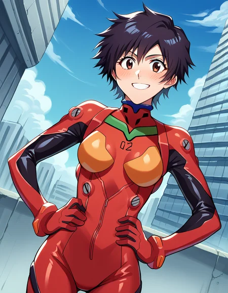 score_9, score_8_up, score_7_up, source_anime, <lora:tatsuki-arisawa-anime-ponyxl-lora-nochekaiser:1>, tatsuki, short hair, black hair, long hair, brown eyes,, <lora:souryuu-asuka-langley-cosplay-ponyxl-lora-nochekaiser:1>, souryuuasukalangleycosplay, souryuu asuka langley (cosplay), bodysuit, pilot suit, plugsuit, red bodysuit, interface headset,, cityscape, smile, blush, hands on hips,, , cowboy shot, dutch angle