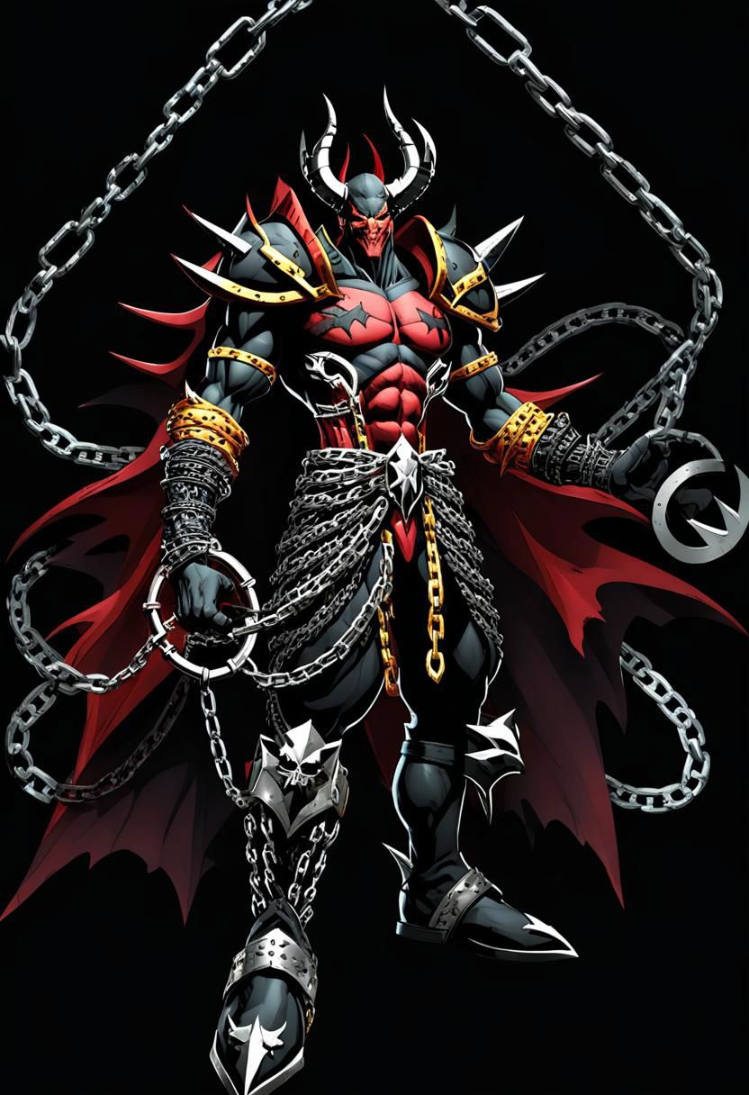 ncrender of spawn as a demon lord covered in chains and belts, black background