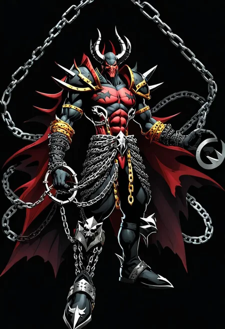 ncrender of spawn as a demon lord covered in chains and belts, black background