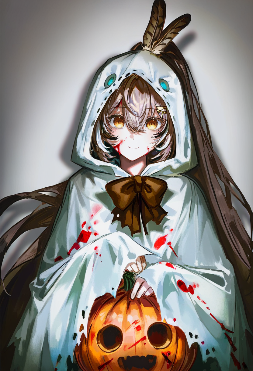 1girl, nanashi mumei, virtual youtuber, long hair, brown hair, very long hair, jack-o'-lantern, bangs, hair ornament, halloween, blood, solo, hood, feathers, multicolored hair, blood on clothes, ghost costume, feather hair ornament, cloak, looking at viewer, halloween costume, streaked hair, holding vegetable, pumpkin, brown eyes, bow, hood up, holding, smile, blood on face <lora:quasarcakeXL_NBVP1_lokr_V6311P:0.95>