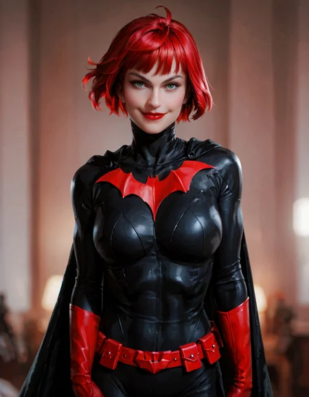 score_9, score_8_up, score_7_up,
1girl, Kate Kane, pale skin, short hair, red hair, upper body,smile, breasts, black bodysuit, lipstick, undmasked, green eyes, bat cape, red bat gloves, red belt, blur bedroom <lora:Batwoman:0.7>