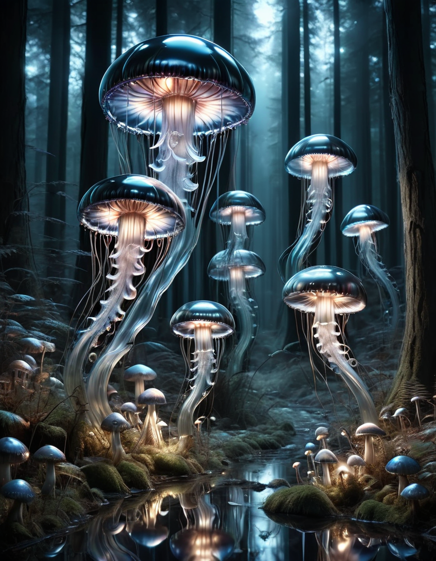 A jellyfish forest with mushrooms glowing in the dark, a forest fantasy in a nature scenery, made out of  ral-polishedsteel <lora:ral-polishedsteel:1>