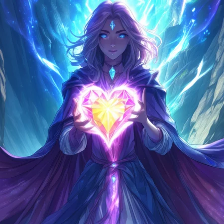 ArsMJStyle, AnimeA: A determined young sorceress wielding a radiant Crystal Heart, its facets gleaming with magical energy. Her eyes reflect the heart's glow as she stands atop a cliff overlooking a sprawling, otherworldly landscape. Sharp, dynamic lines define her flowing robes and hair as they whip in an ethereal wind.