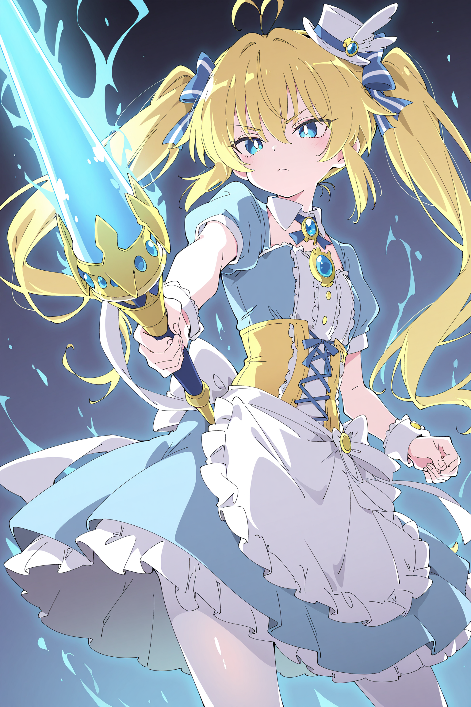 1girl,baimei,light blue dress,petite,yellow twintails,yellow corset,blue eyes,tsurime,brooch,mini top hat,white pantyhose,(waist apron:1.2),cowboy shot,solo,serious,glowing,aura,floating,holding blue lance,fighting stance,<lora:Baimei-noob:0.7>,best quality,amazing quality,very aesthetic,absurdres,(artist:ningen_mame:0.9),(artist:sho_(sho_lwlw):0.9),anime screencap,ixy